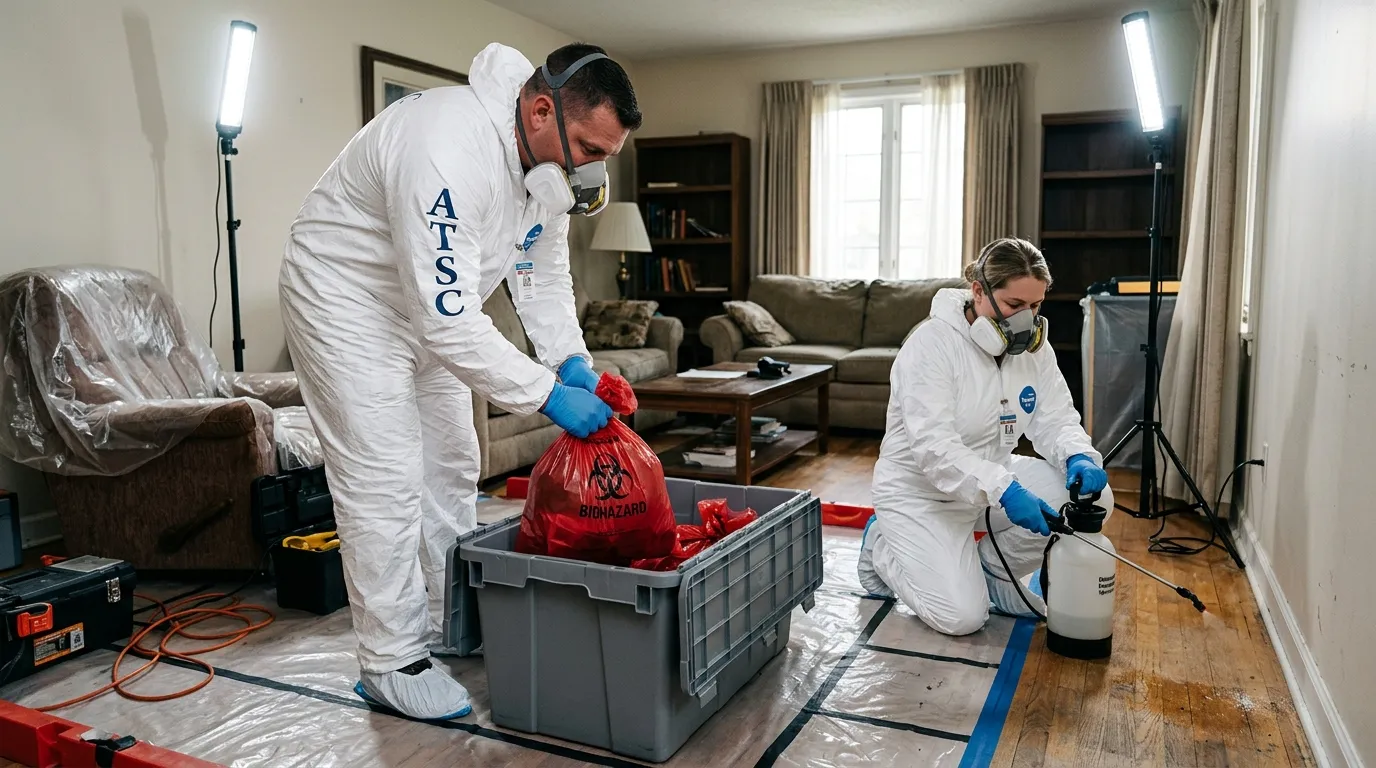 Professional Biohazard Cleanup technician in full PPE working in Dana Point